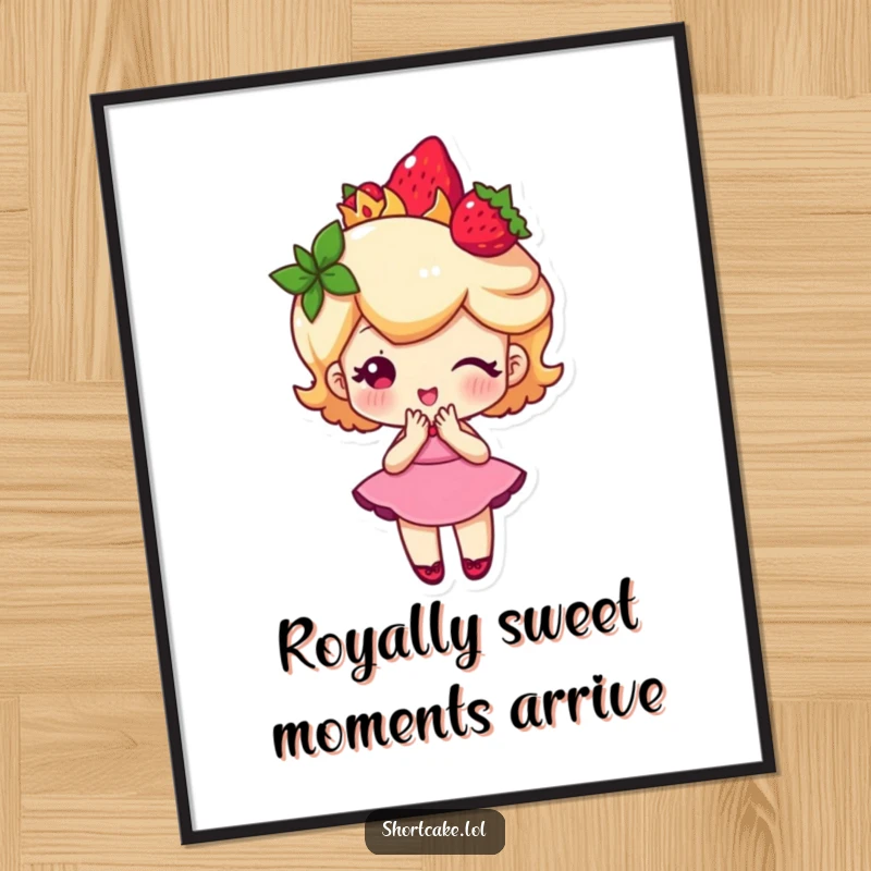 Funny Free Printable shortcake slice character wearing a strawberry crown and doing a curtsy, whimsical and sweet art.