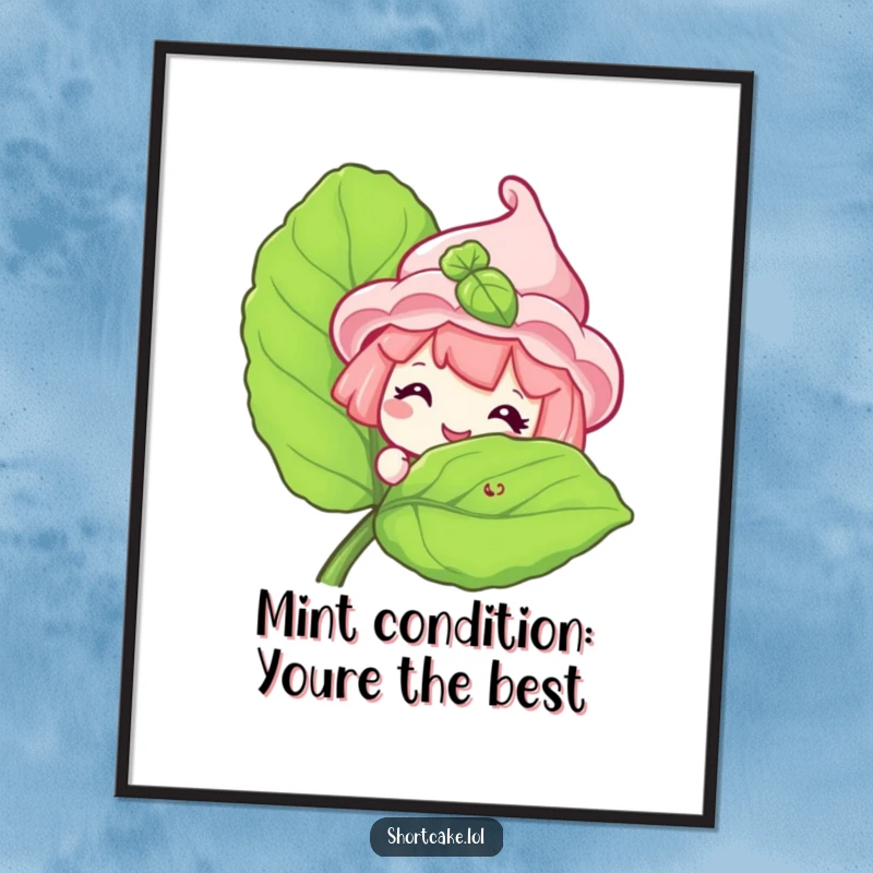 Funny Free Printable Wall Art: Shortcake character grinning cheekily from behind a large mint leaf, a humorous decorative piece.