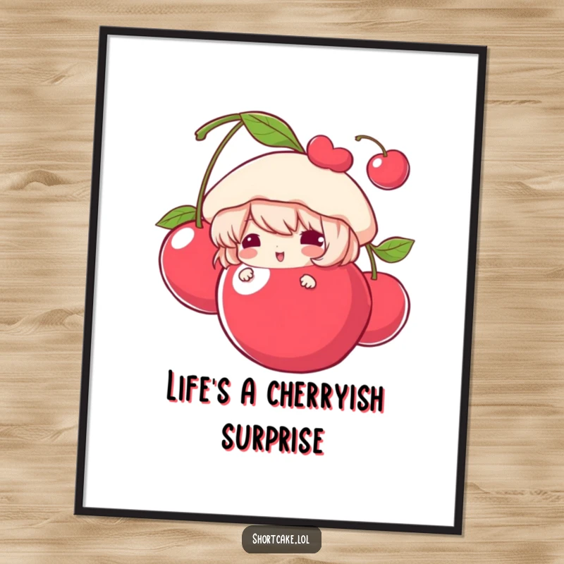 Funny Free Printable Wall Art: A shortcake character peeking from behind a giant cherry, adding a sweet and humorous visual.