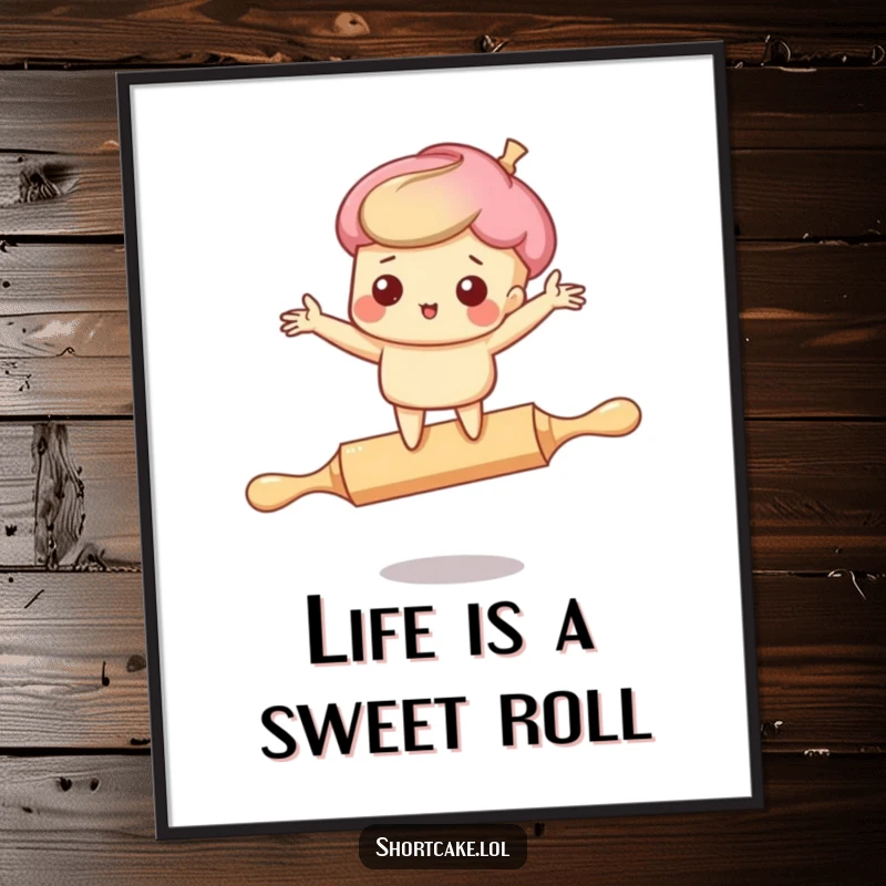 Funny Free Printable Wall Art of a shortcake character comically balancing precariously on a rolling pin.