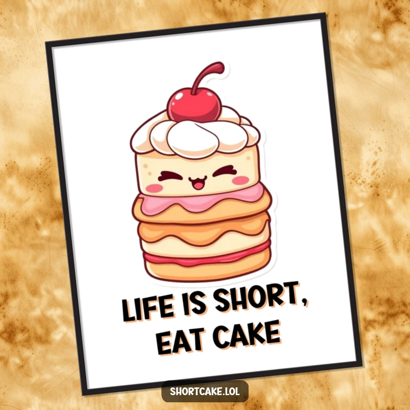 Funny Free Printable Wall Art: A layered shortcake with a cherry winks mischievously, exuding playful charm and sweetness.