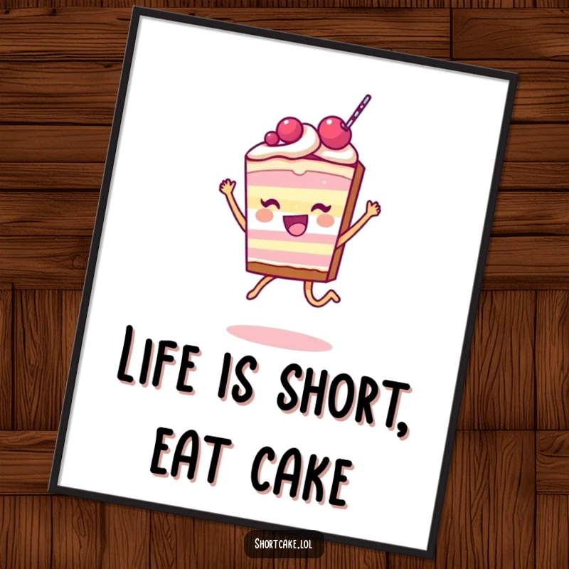 Funny Free Printable Wall Art: A shortcake slice character is captured mid-leap, exuding pure happiness and playful energy on your wall.