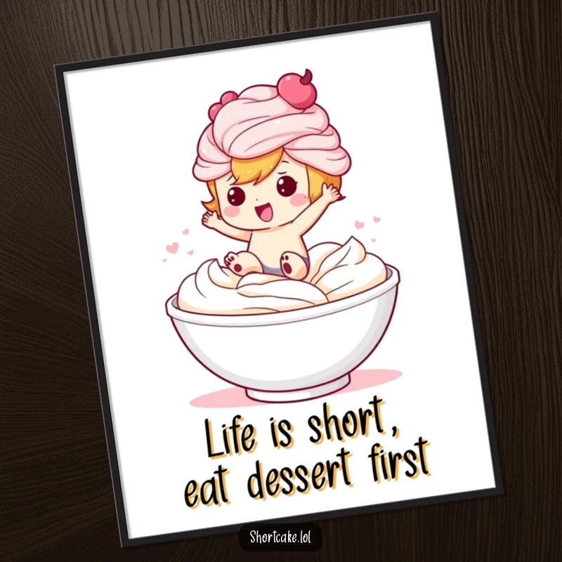 Funny Free Printable Wall Art: Shortcake character mid-jump into a large bowl overflowing with delicious whipped cream, a sweet scene.