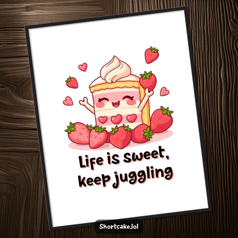 Funny Free Printable Wall Art: A charming slice of shortcake mid-juggle with bright red strawberries, bringing a smile to any wall.