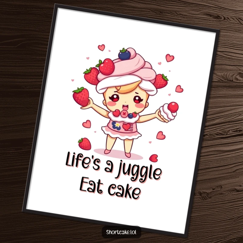Hilarious Free Printable Wall Art: A shortcake character juggling berries and cream puffs with flair, a downloadable piece of joy.