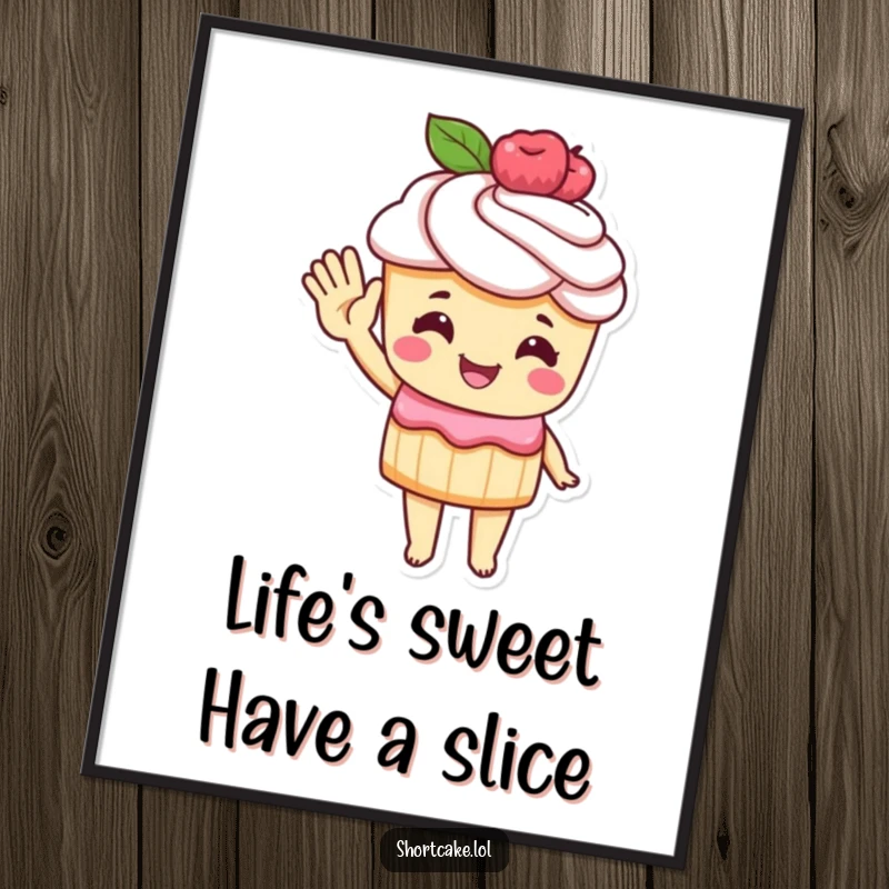 Funny Free Printable Wall Art: A delightful shortcake character with a pastry hand giving a cheerful, welcoming wave.