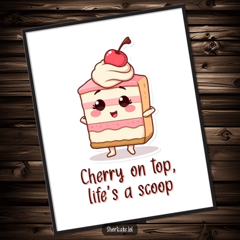 Funny free printable wall art of a shortcake slice posing confidently with a cherry on top, a chic and humorous dessert illustration.