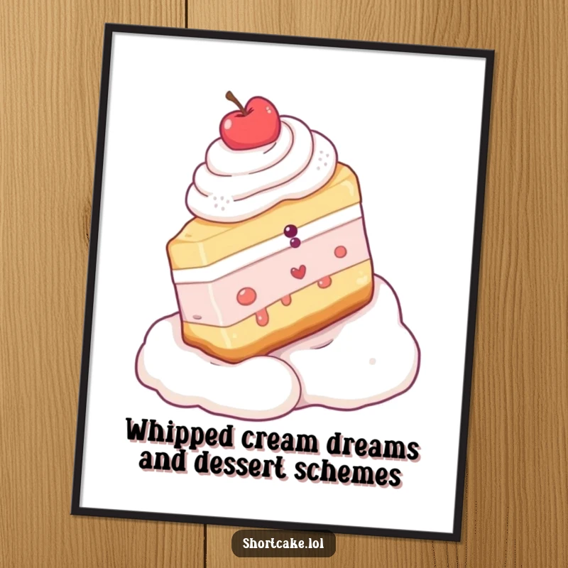 Funny free printable wall art of a shortcake slice gleefully sliding down a whipped cream slope, a humorous dessert-themed illustration.