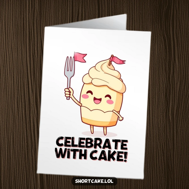 Funny Free Printable Birthday Card: a jubilant shortcake waves a tiny fork flag with immense enthusiasm.