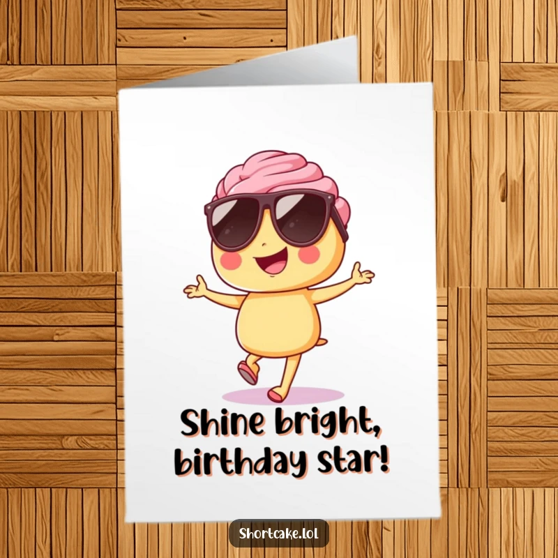 Funny Free Printable Birthday Card: Shortcake in sunglasses hops confidently, ready to party and spread cheer.