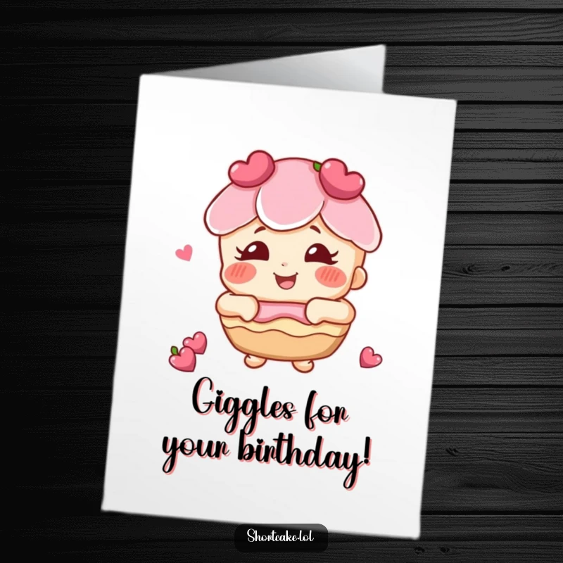 Funny free printable birthday card of a shortcake with rosy cheeks, captured mid-giggle with pure joy.