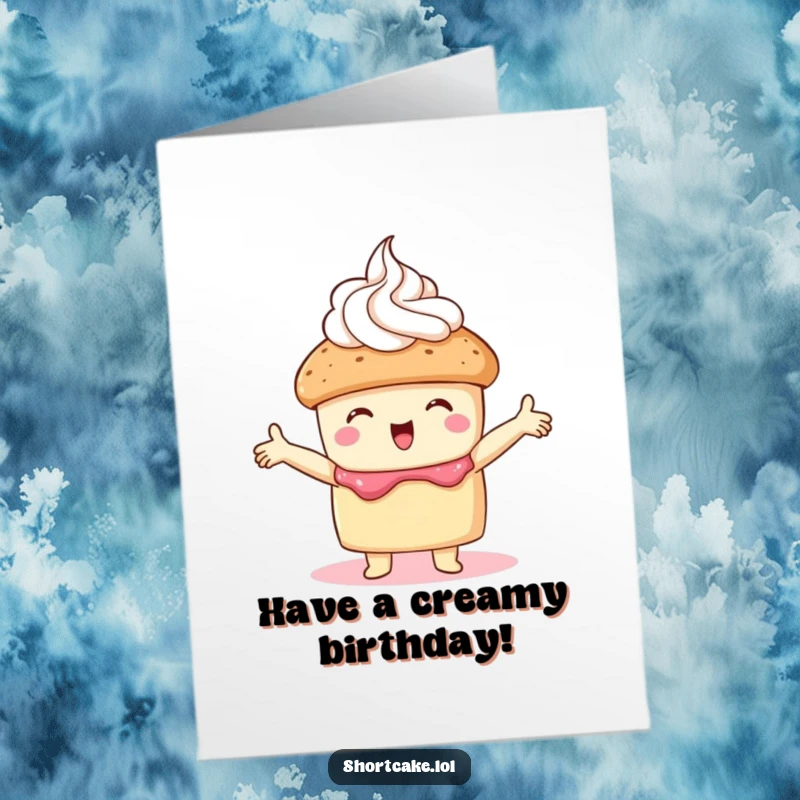 Funny Free Printable Birthday Card: A shortcake with arms wide open joyfully embraces a fluffy dollop of whipped cream.