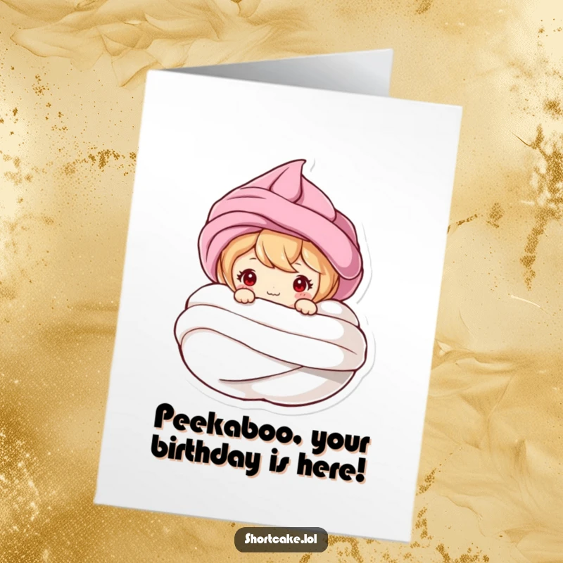 Funny Free Printable Birthday Card: Cute shortcake character peeking mischievously from behind a fluffy meringue swirl.
