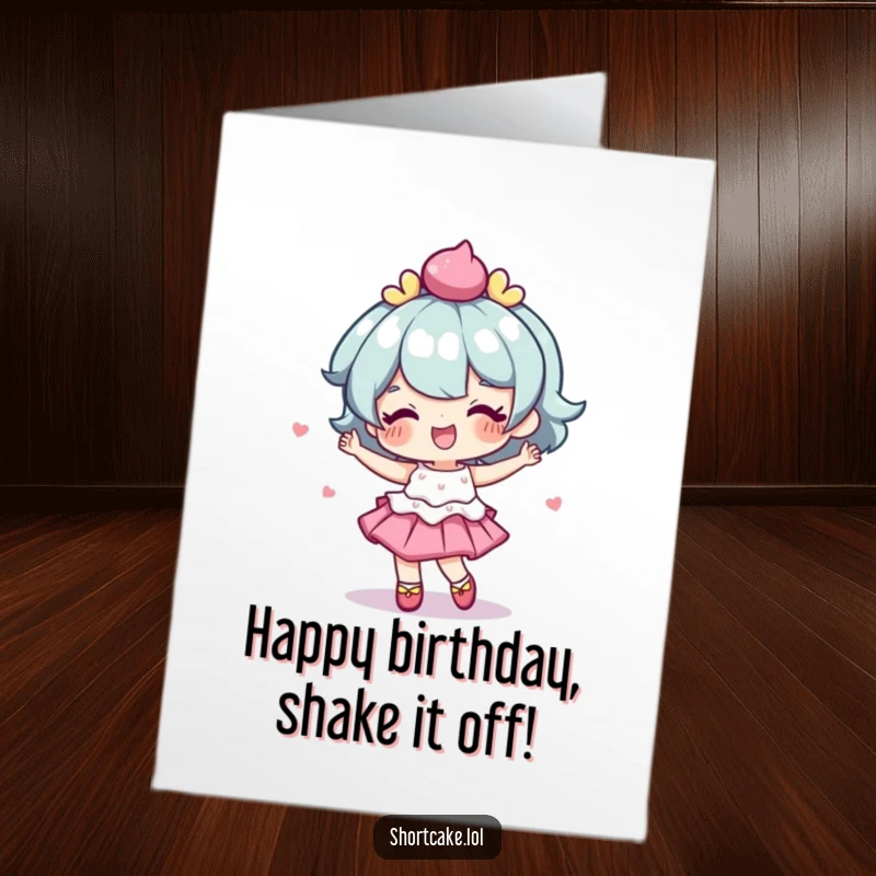 Funny Free Printable Birthday Card: A shortcake character performs a delightful yet wobbly dance, full of joy and endearing clumsiness.