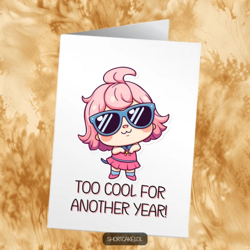 Funny Free Printable Birthday Card: Kawaii shortcake character wearing huge sunglasses, striking a ridiculously goofy and confident pose.