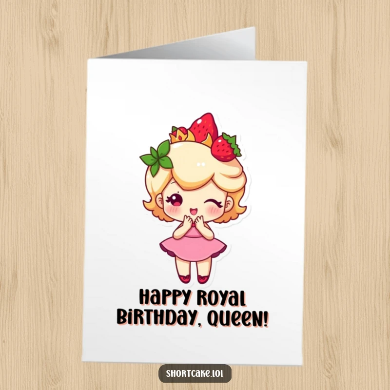 Funny Free Printable shortcake slice character wearing a strawberry crown and performing a charming curtsy with grace.