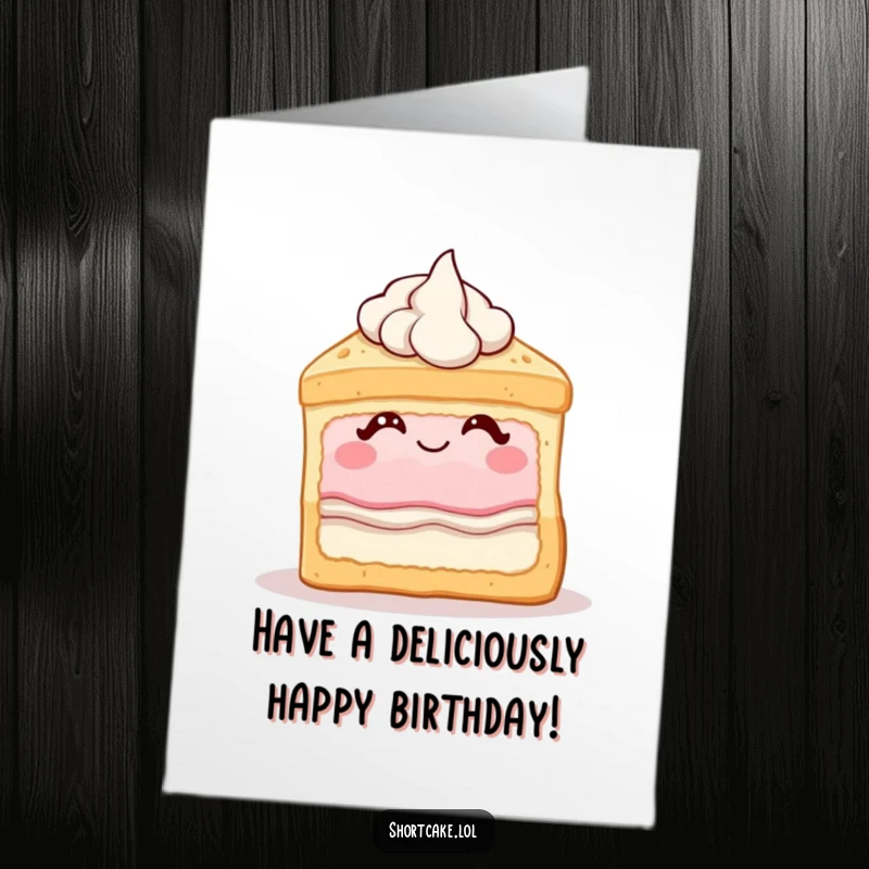 Funny Free Printable Birthday Card: A delightful shortcake slice giving a playful wink, topped with a fluffy dollop of cream.