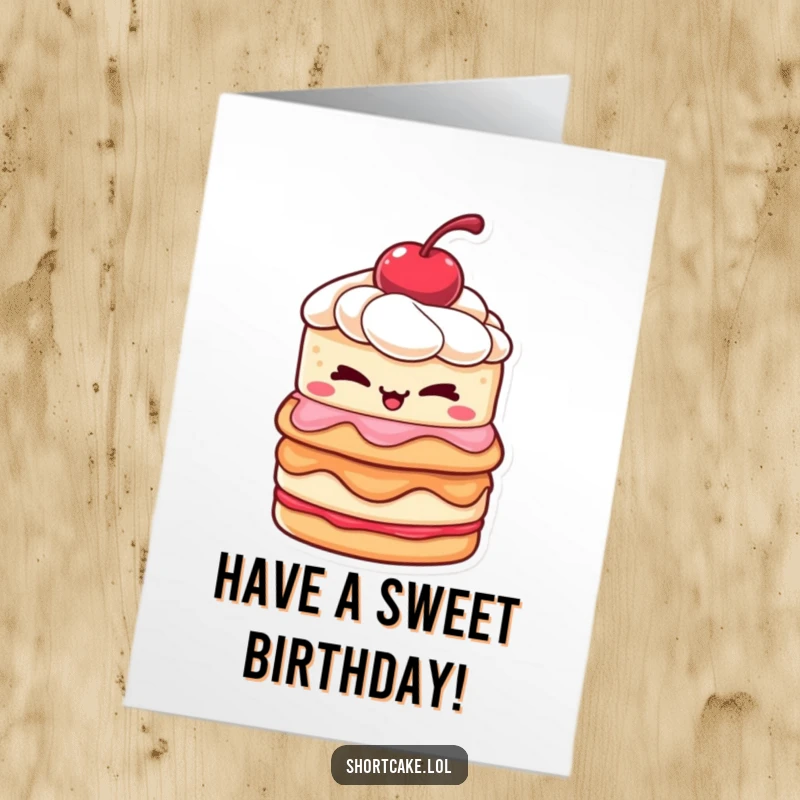 Funny Free Printable Birthday Card: A delicious layered shortcake with a cherry winks playfully, holding a secret treat.