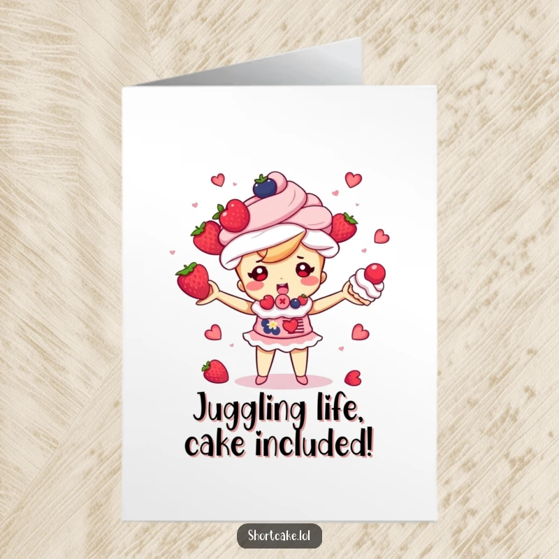 Funny Free Printable Birthday Card: Shortcake character skillfully juggling berries and cream puffs, a downloadable talent show.