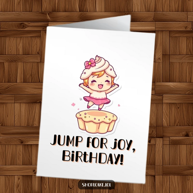 Funny free printable birthday card showing a shortcake character mid-leap between cake layers, full of playful energy.