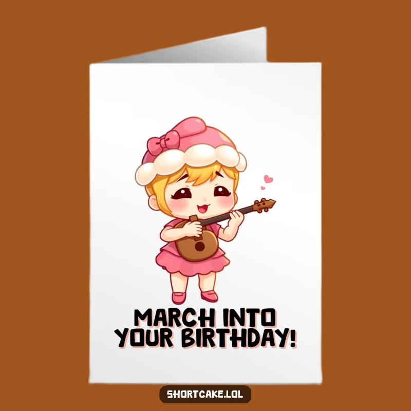 Free Printable Fife Playing Shortcake Birthday Card: Funny Dessert Downloadable Gift