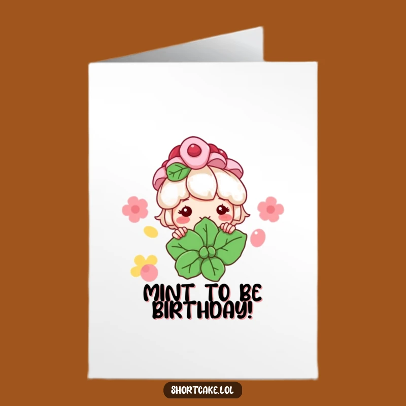 Free Printable Birthday Card: Grinning Shortcake Behind Mint, Downloadable Sweet Treat for Her