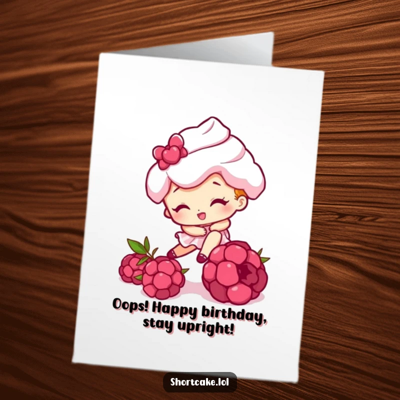 Funny Free Printable Birthday Card: Goofy shortcake character hilariously tripping over a bright red raspberry, cartoon style.