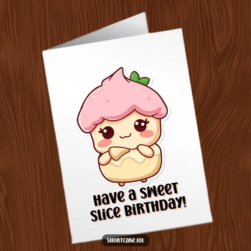 Funny Free Printable Birthday Card: A shortcake slice character with a sweet smile offers a delicious bite to the viewer.