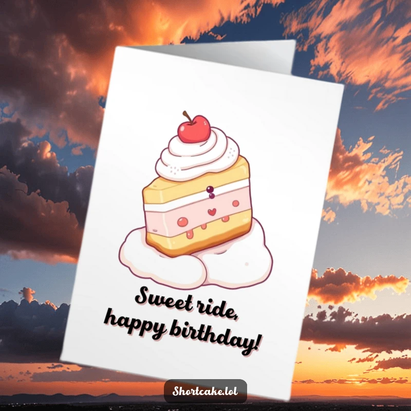 Funny free printable birthday card featuring a shortcake slice joyfully sliding down a whipped cream slope with a smile.
