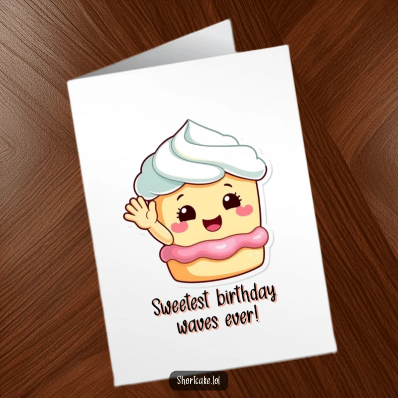 Funny free printable birthday card of a cheerful shortcake character giving a happy, welcoming wave.