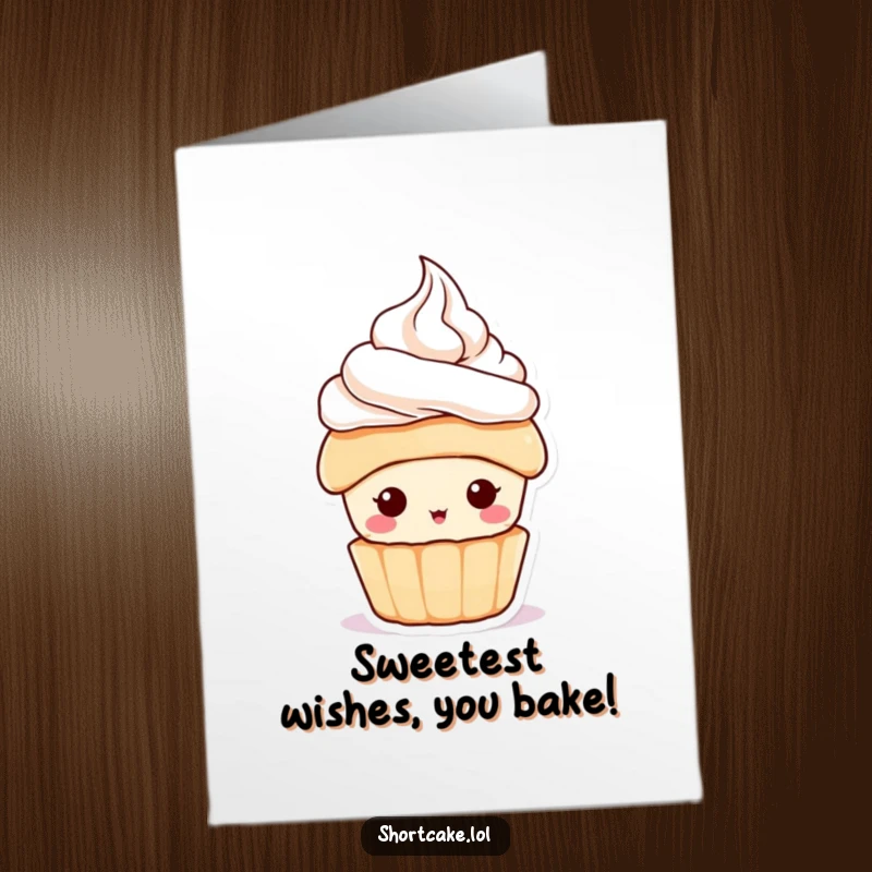 Funny free printable birthday card featuring a shortcake character with a tiny whipped cream hat, looking utterly pleased.