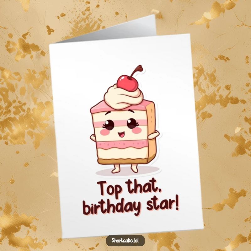 Funny free printable birthday card; a shortcake slice poses confidently with a cherry on top, exuding sassy birthday vibes.