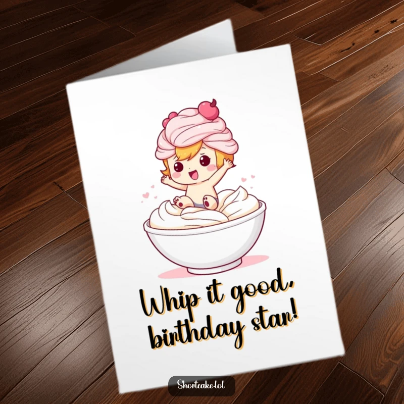 Funny Free Printable Birthday Card: Shortcake character joyfully jumping into a cloud of whipped cream for a birthday celebration.