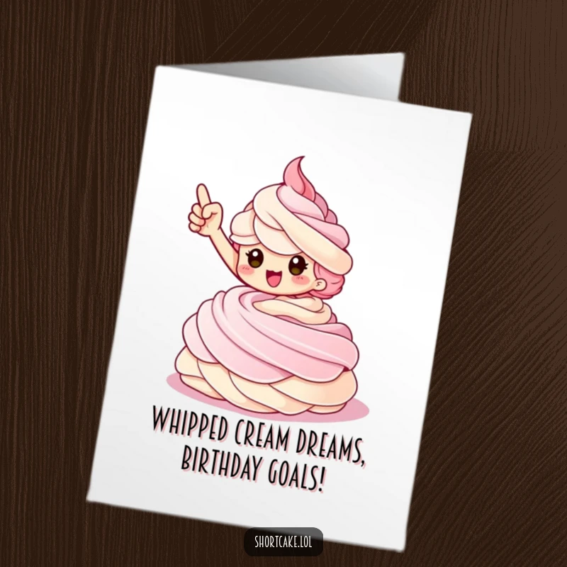 Funny Free Printable Birthday Card: Shortcake character striking a triumphant pose on a whipped cream swirl, celebrating a birthday win.