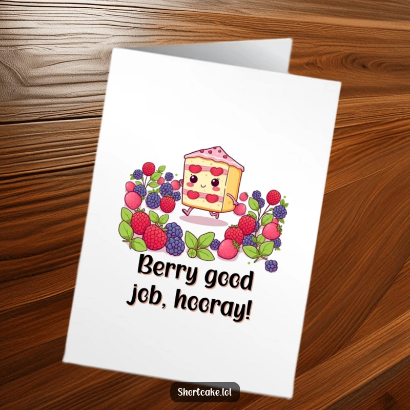 Funny Free Printable shortcake slice character with tiny legs skipping through berries, celebrating a sweet victory.