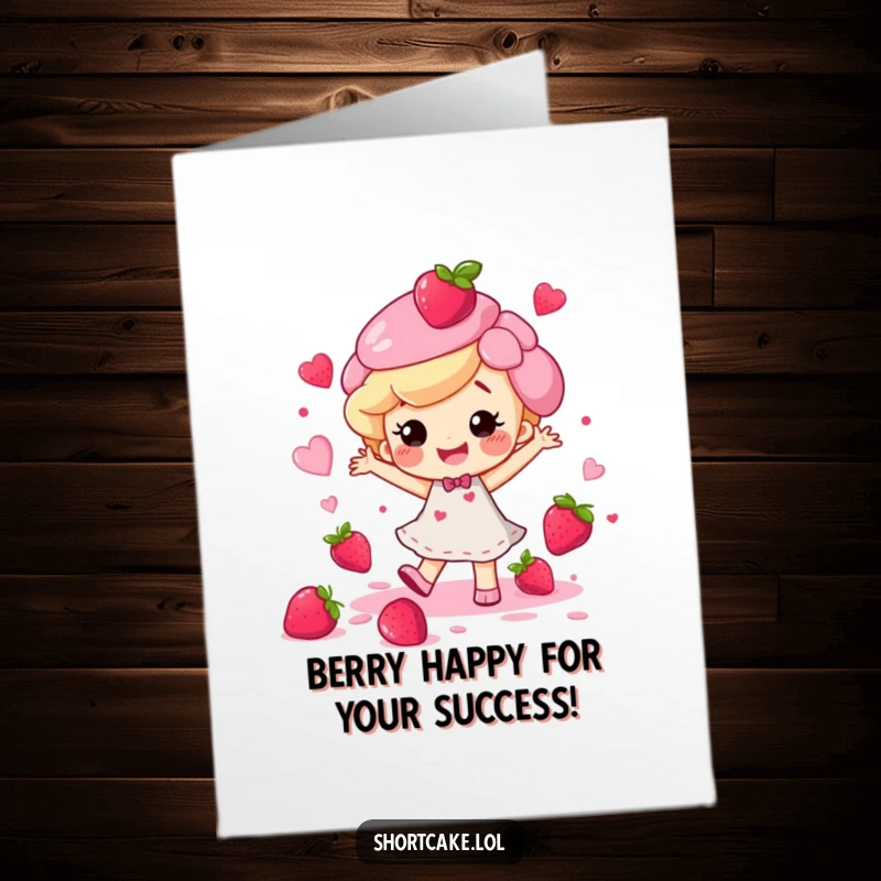 Funny Free Printable Congrats Card: A happy shortcake character does a little dance with berry juice splatters, celebrating a momentous occasion.