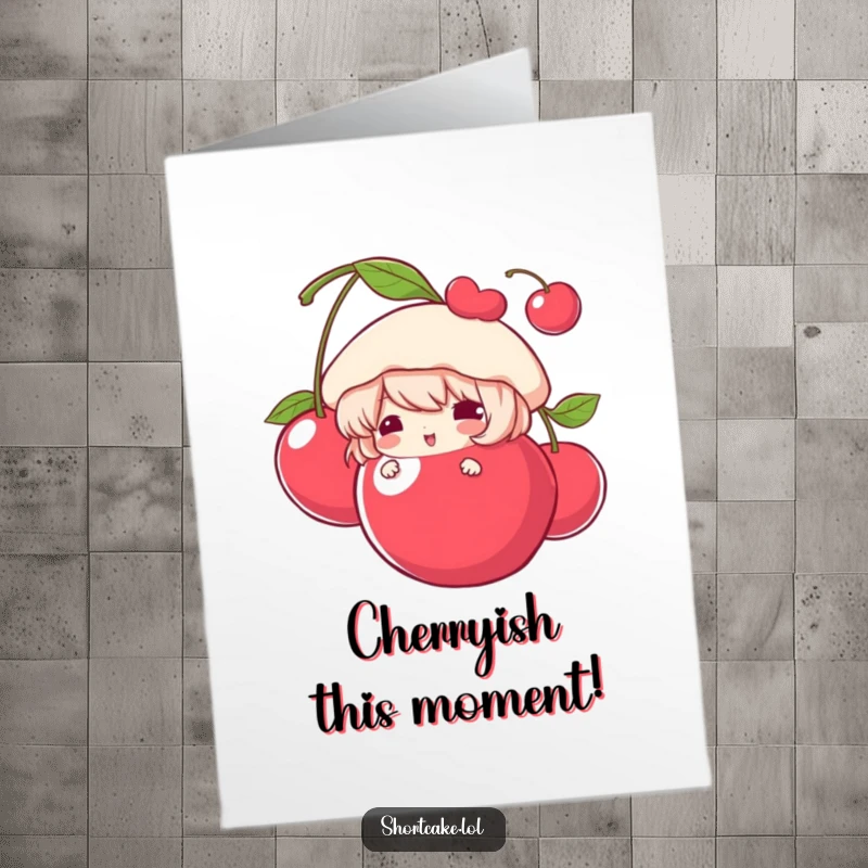 Funny Free Printable Congratulations Card: Shortcake character peeking out from a giant cherry, a cute and humorous way to share joy.