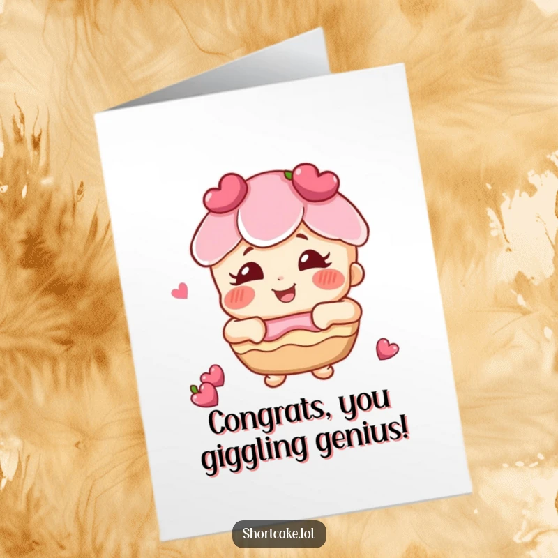 Funny free printable congratulations card of a shortcake with rosy cheeks, giggling with delight and excitement.
