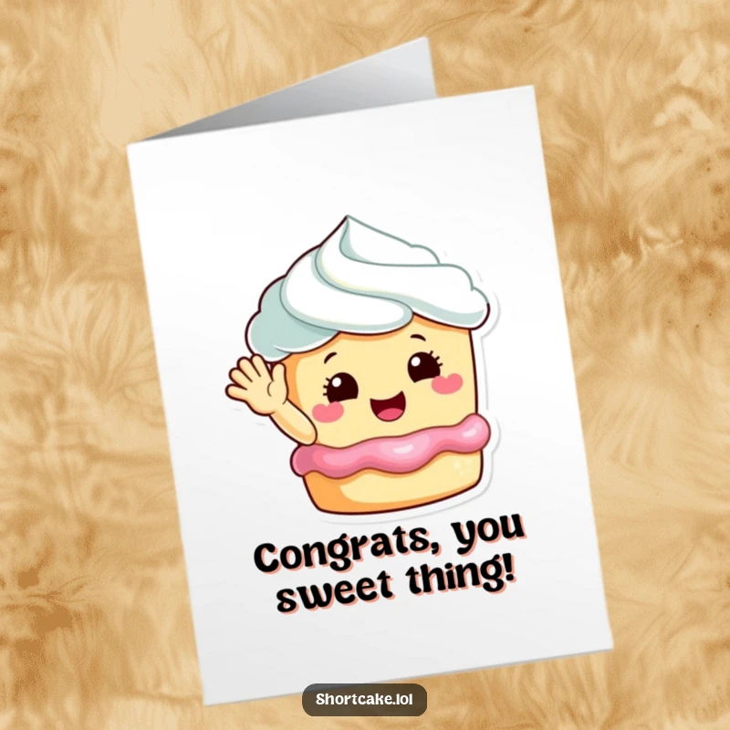 Funny free printable congratulations card featuring a cute shortcake character waving enthusiastically.