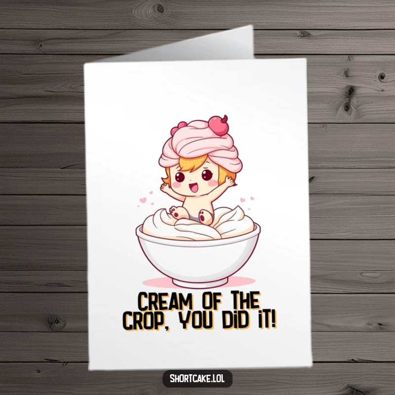 Funny Free Printable Congratulations Card: Shortcake character gleefully jumping into a bowl of whipped cream to celebrate an achievement.