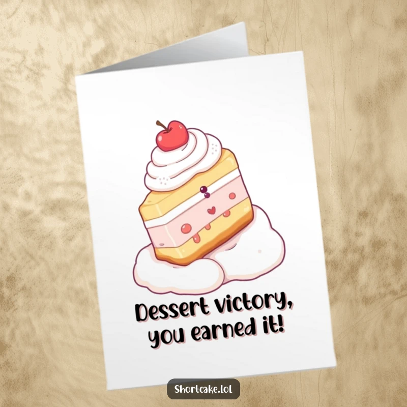 Funny free printable congratulations card showing a shortcake slice hilariously sliding down a whipped cream slope, perfect for celebrations.