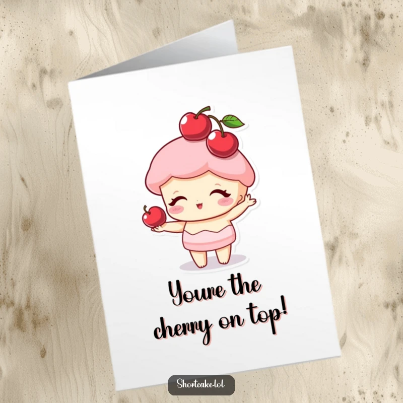 Funny Free Printable shortcake slice character balancing a cherry on its point, symbolizing a sweet achievement.