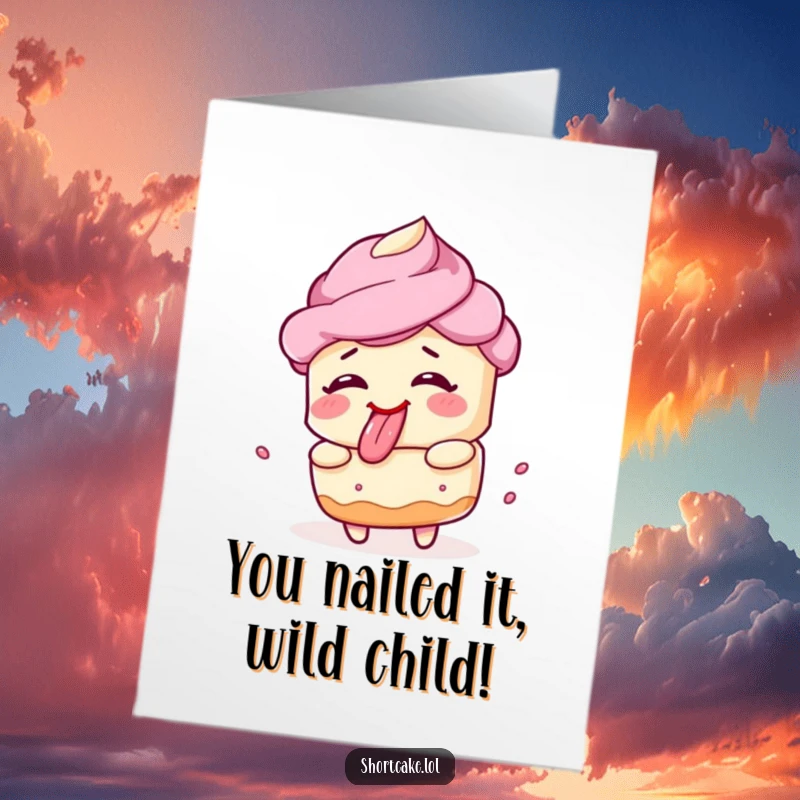 Free Printable Congratulations Card: A shortcake spins wildly with a silly face, celebrating their achievement.