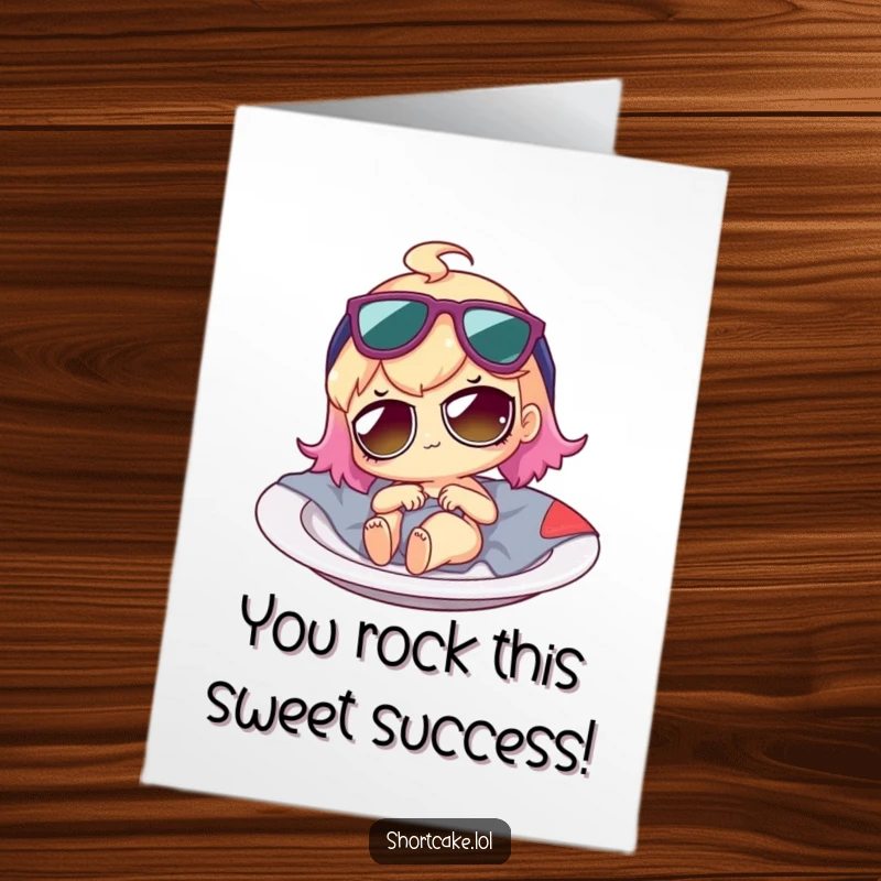 Funny Free Printable Congrats Card: Shortcake in sunglasses chilling on a plate, perfect for congratulating relaxation.