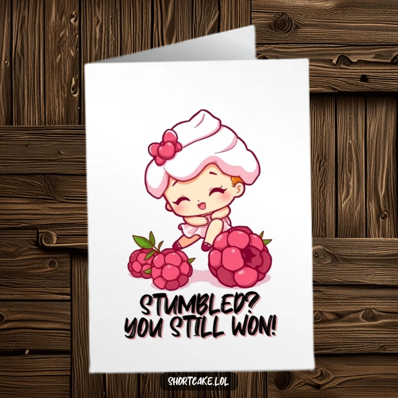 Funny Free Printable Congratulations Card: Amusing shortcake character tripping over a raspberry, symbolizing overcoming minor setbacks humorously.