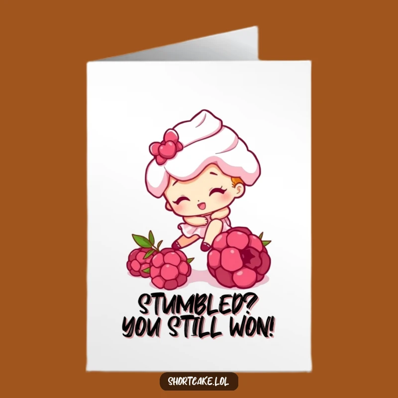 Free Printable Congrats Card: Shortcake Tripping Raspberry, Funny Downloadable Gift for Overcoming Fumbles