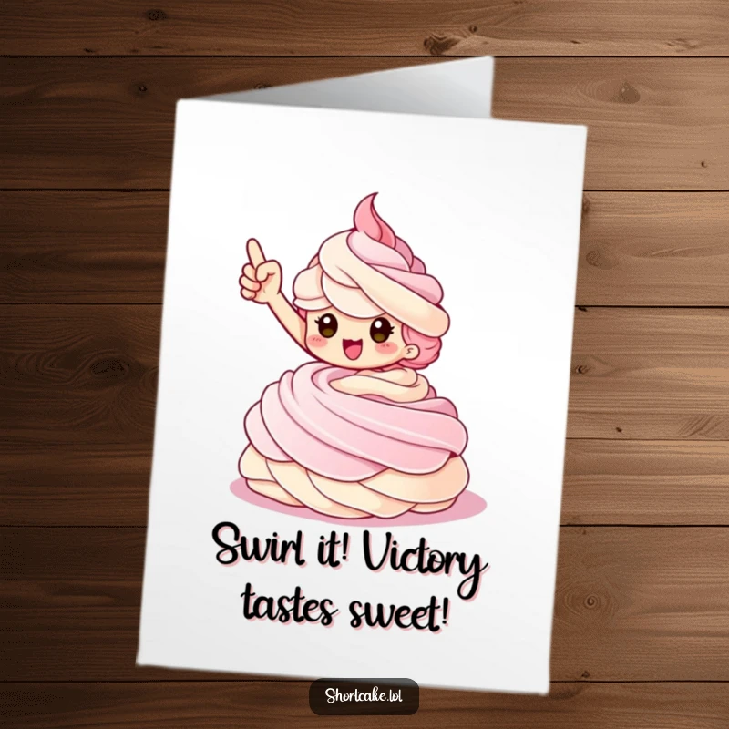 Funny Free Printable Congrats Card: Shortcake character in a triumphant pose atop a whipped cream swirl, celebrating success.