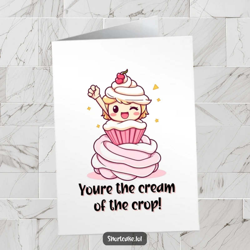 Funny Free Printable Congrats Card: A shortcake character poses triumphantly on a whipped cream swirl, celebrating a big win.
