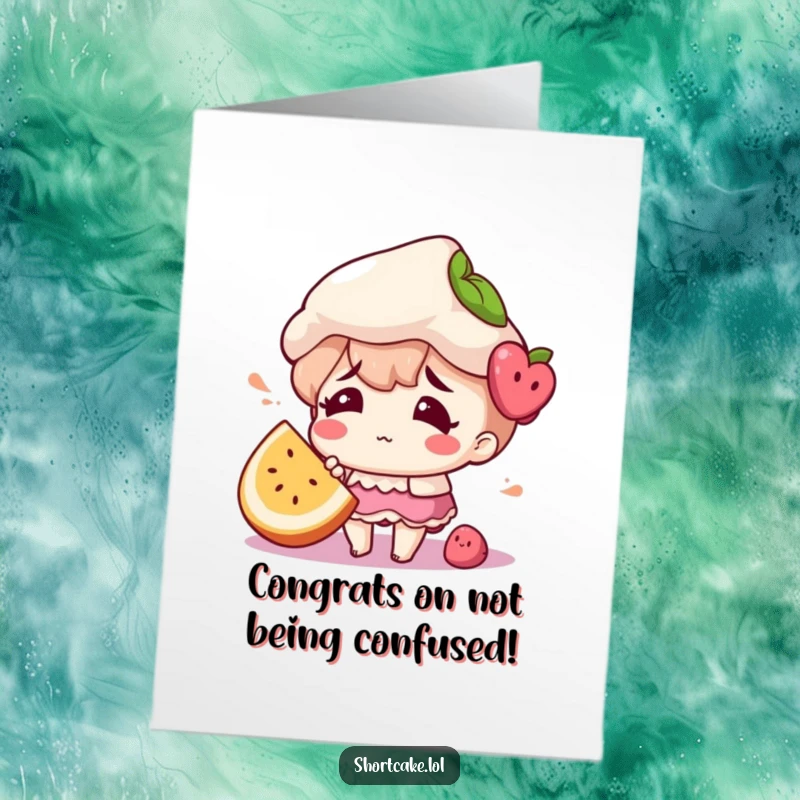 Funny Free Printable Congratulations Card: A shortcake character appears comically perplexed, a fruit slice askew, a sign of surprising success.