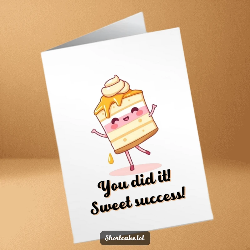 Funny Free Printable Congratulations Card showing a shortcake slice doing a ballet pirouette, celebrating achievements with sugary flair, a sweet downloadable.